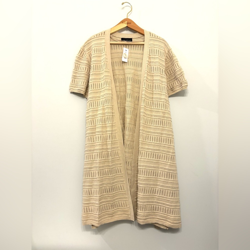Open Front Long Knit Cardigan Sweater‎ Short Sleeve Beige Lane Bryant Size 22/24
